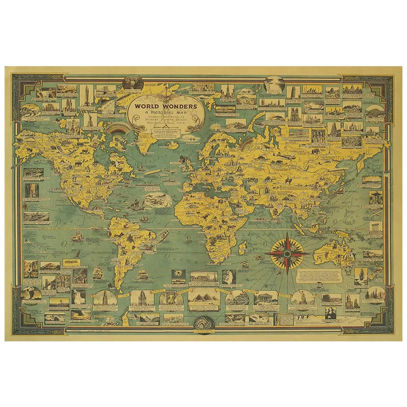 Синий винтажный постер из крафт-бумаги карта мира великое здание Настенная Наклейка художественная карта декор бара кафе 78x57 см