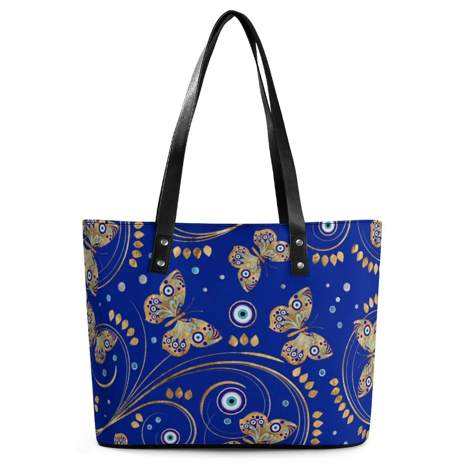 

Evil Eye Pattern Handbags Women Golden Butterfly Tote Bag Stylish Grocery Shoulder Bag Ziplock Print PU Leather Shopping Bags