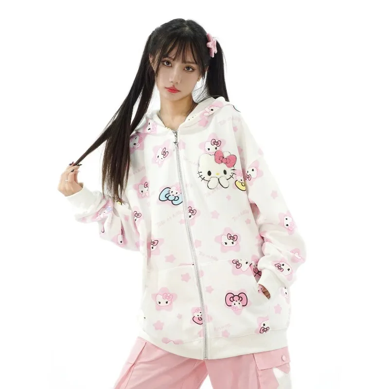 

Y2k Sanrio Hello Kitty Zip Hoodies Sweatshirts Kawaii Anime Clothes Cute Cartoon Fallow Loose Harajuku Women Top Autumn Winter