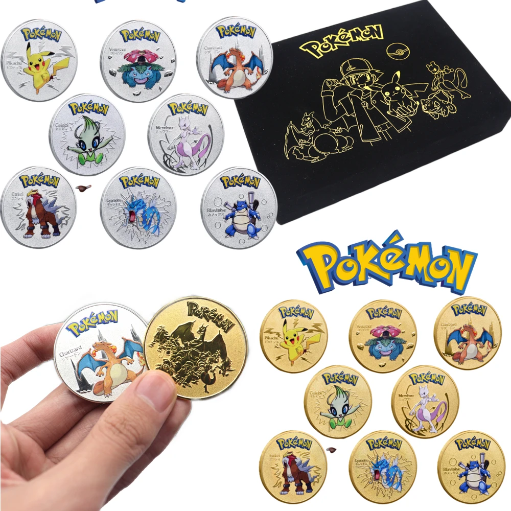 

Pokemon Anime Metal Collectible Charizard Pikachu Commemorative Coins Gold Plated Silver Card Coins Iron Display Box Kids Gift