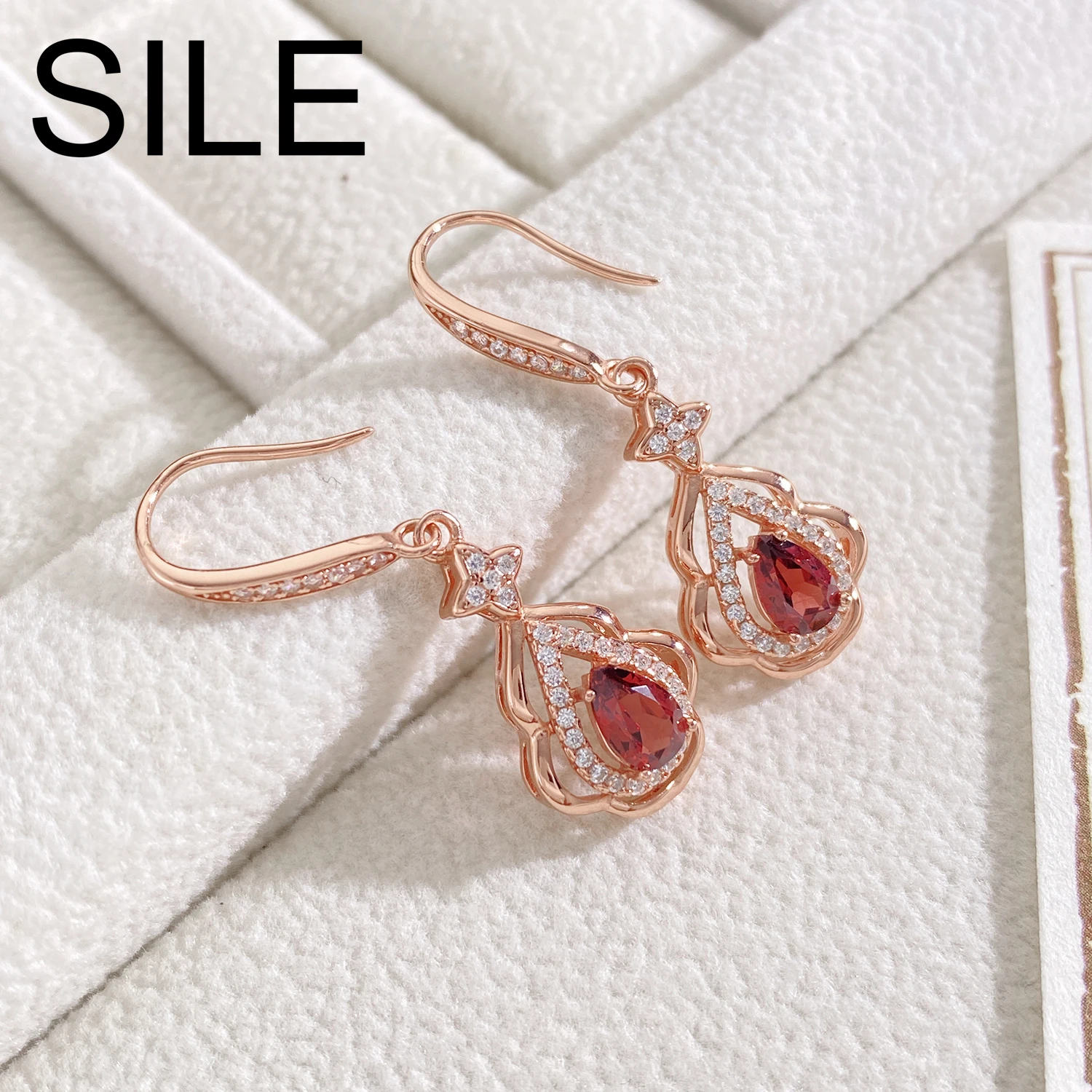 

SILE 925 Sterling Silver Geometric Flower Drop Earrings Women Luxury Natural Gemstone Garnet cz Hook Earrings Fine Jewelry Girls