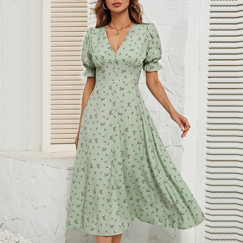 

Women's Summer Split V-neck Print Nipped-in Waist Floral Midi Dress Women's Commuter Holiday