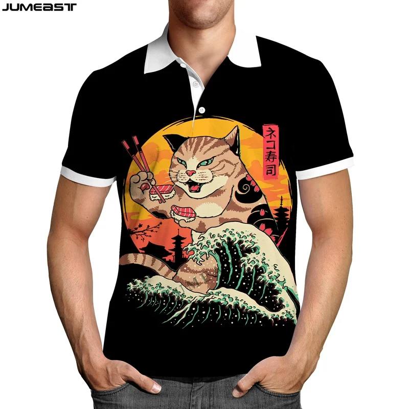Jumeast Y2k Men Women 3D Printed Sweatshirt Hip Hop Japanese Samurai Cat Fashion Polo T Shirt Sport Pullover Tops Tees