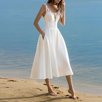 summer sexy sleeveless v neck beach dresses elegant white lace spaghetti strap midi dress women party vestidos