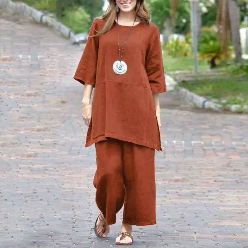 

Women Two Piece Sets Round Neck Half Sleeve Vintage Top Pant Set Loose Summer Elastic Waist Trousers Ladies Outfits Sporty