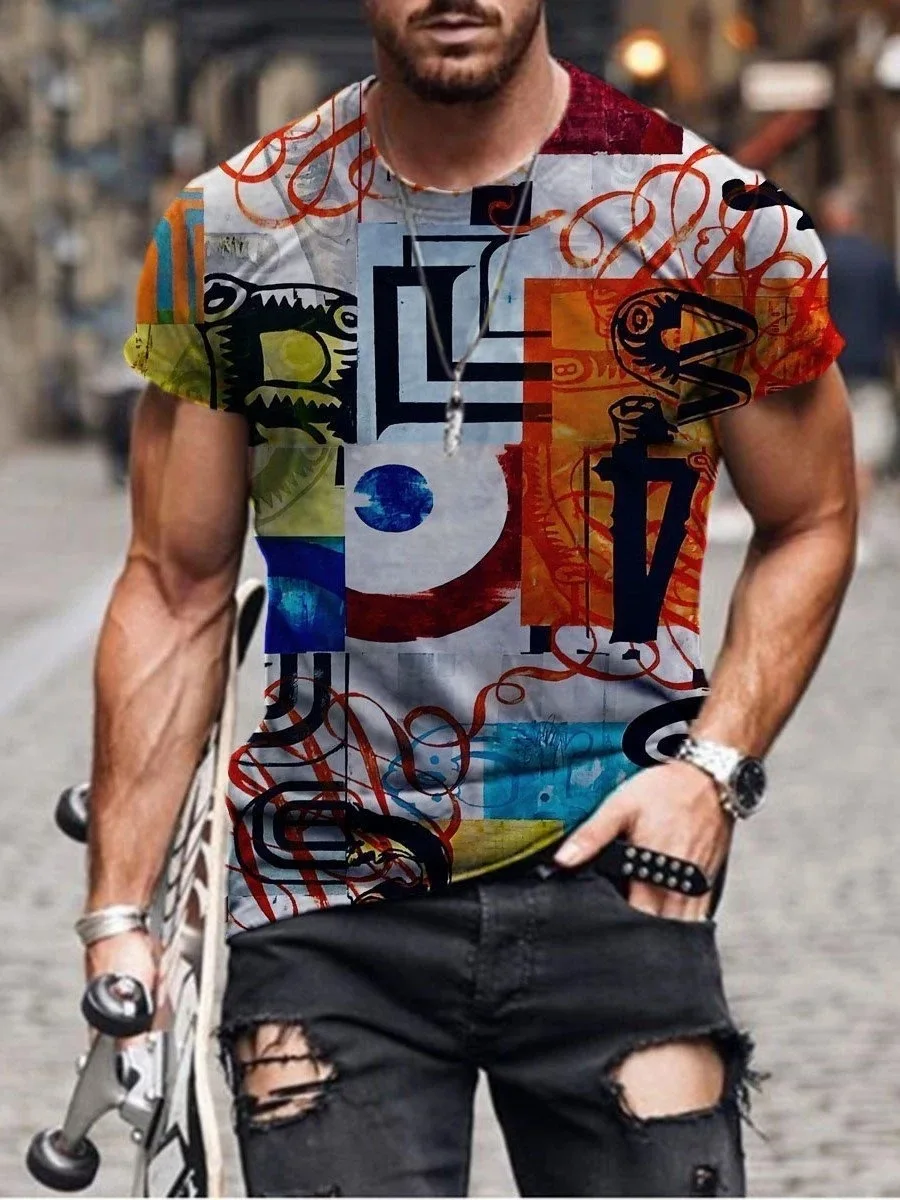 

Summer New Men Fashion scrawl Harajuku Printed O Collared Ethnic Style T Shirts Men's Oversized Vintage Short Sleeve Tshirts