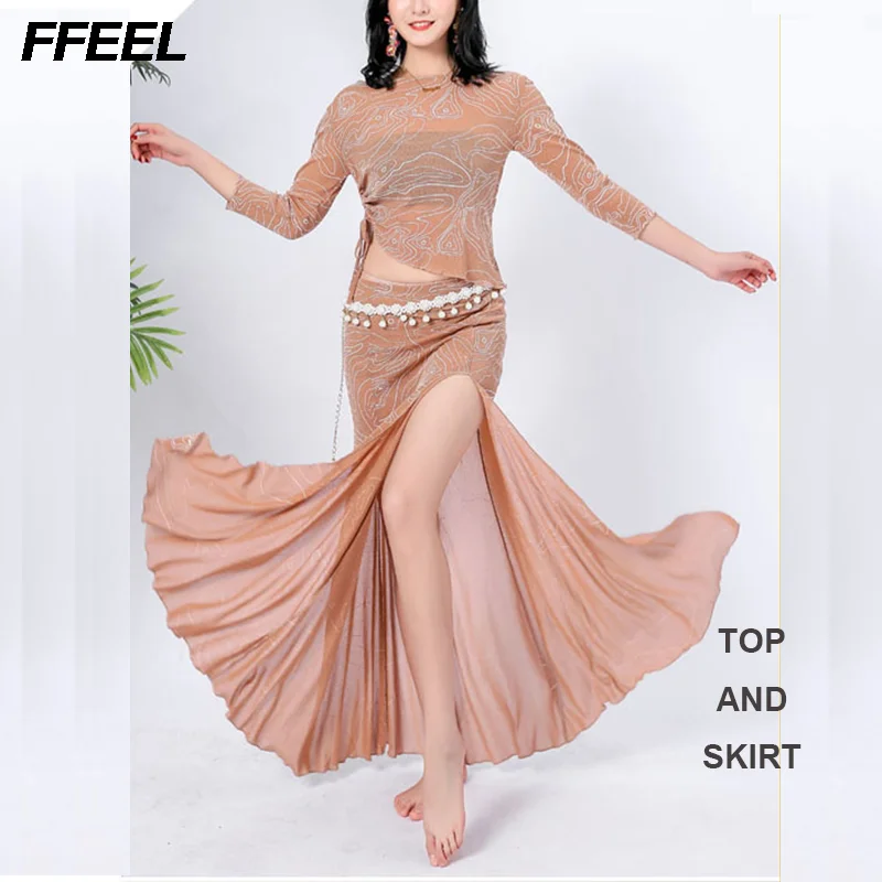 

2PCS Belly Dance Training Suit New Sexy Belly Dance Training Clothing Long Dress Children's Adult Performance Clothing Mesh Set