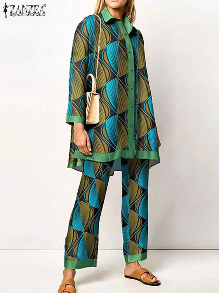 

ZANZEA Fashion Outfits Retro Printed 2pcs Pant Sets Holiday Long Sleeve Lapel Shirts Elegant Women Long Trouser 2023 Tracksuit