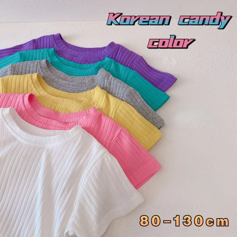 

Korea 2023 Summer Kids Girls Clothes Striped Candy-colored Short-sleeved T-shirt Casual Clothing Baby Girls Cute Tee Tops Cotton
