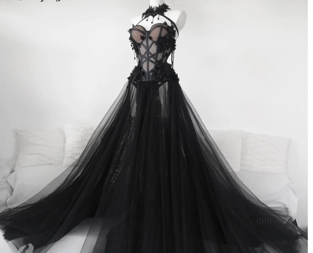 

Gothic Black Prom Dresses Appliqued Tulle Long Evening Gown Women Gala Birthday Party Dress For Fotos