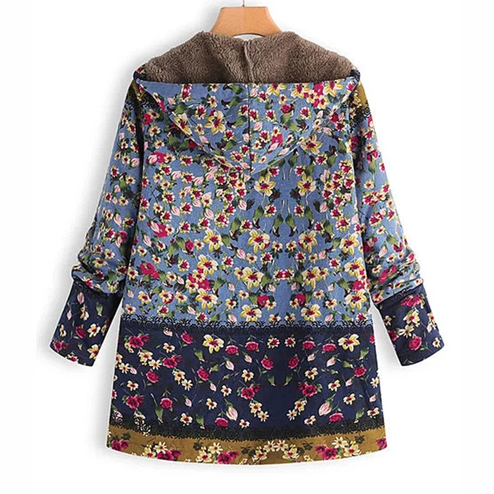 2022 Women Winter Floral Printed Coat Vintage Harajuku Plus Size Loose Casual Jackets Plus Velvet Thick Warm Hooded Fashion Coat
