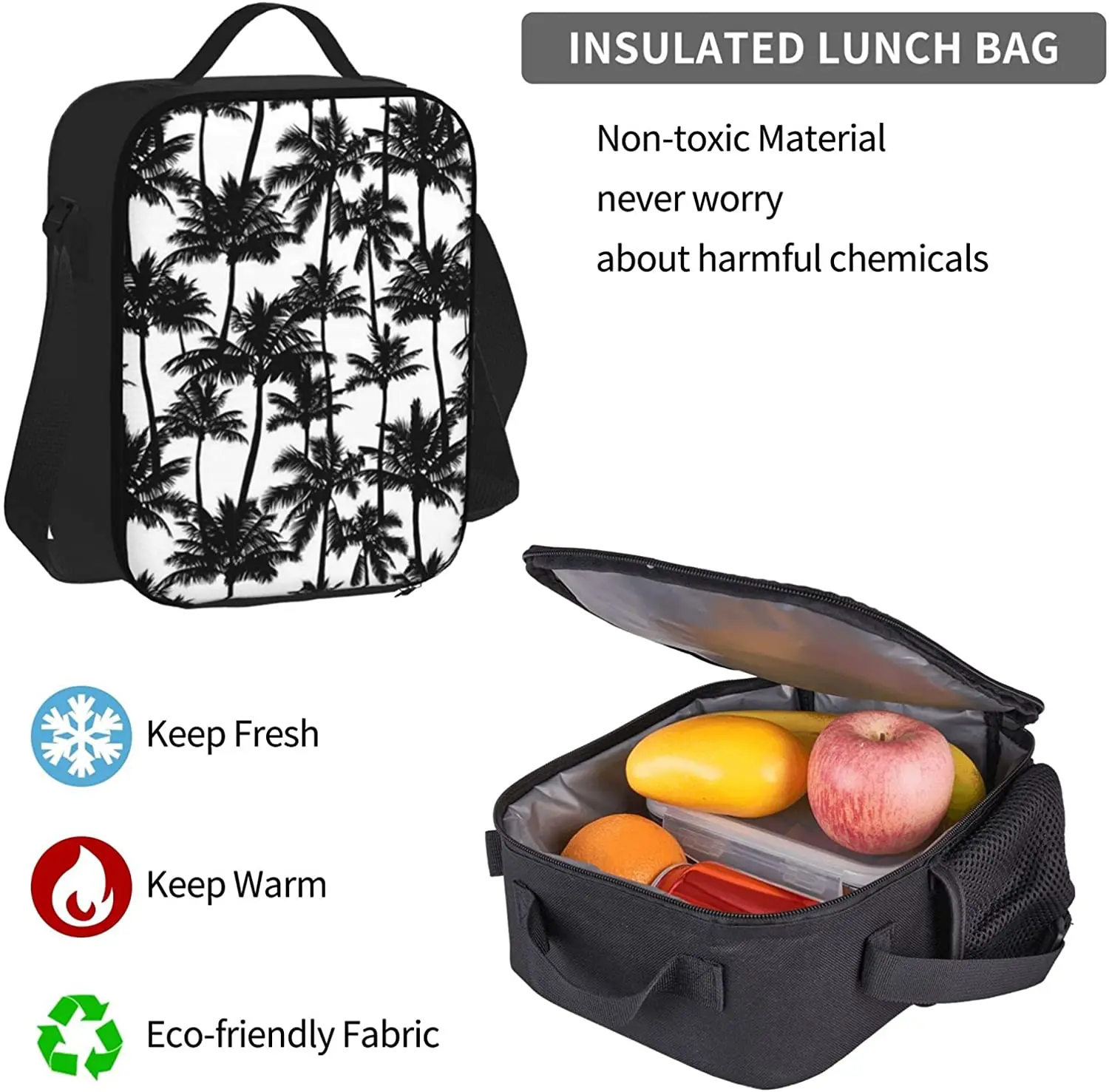 Palm Trees Black White Backpack Set 3-Piece Teen Boys Girls Backpack Messenger Lunch Bag Pencil Case Set