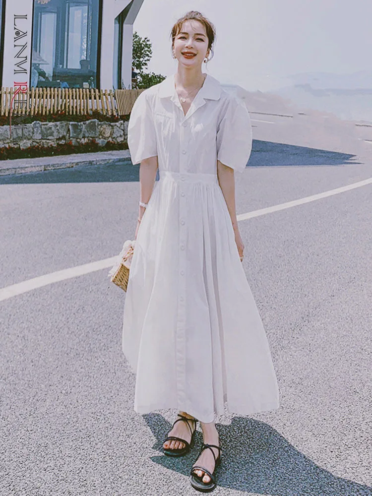 

LANMREM White Puff Sleeve Long Dress For Women Notched Pullover Single Breasted Slim Fit Female New Clothing 2022 Summer 2I465