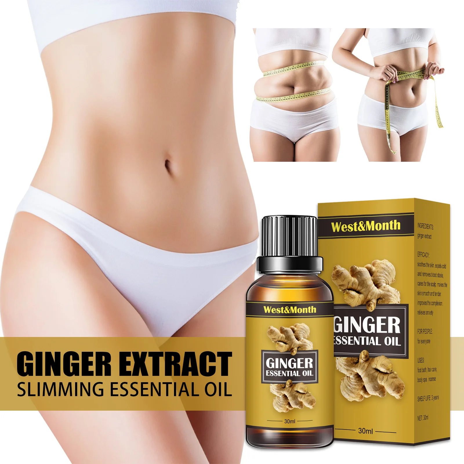 30ml/bottle*3 Natural Ginger Oil Drainage Therapy Anti Aging Plant Essential Promote Metabolism Full Body Slim Massage Oils |