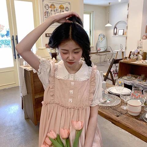 Kawaii White Shirts Women Japanese Lolita Lace Patchwork Blouses Summer Harajuku Preppy Puff Short Sleeve Peter Pan Collar Tops