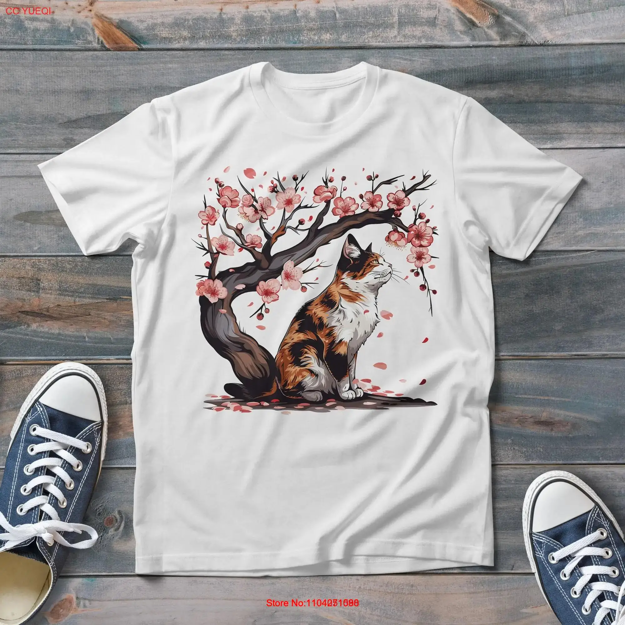 Футболка Calico Cat Under Cherry Blossom Cottagecore с цветочным принтом в модном стиле длинными или