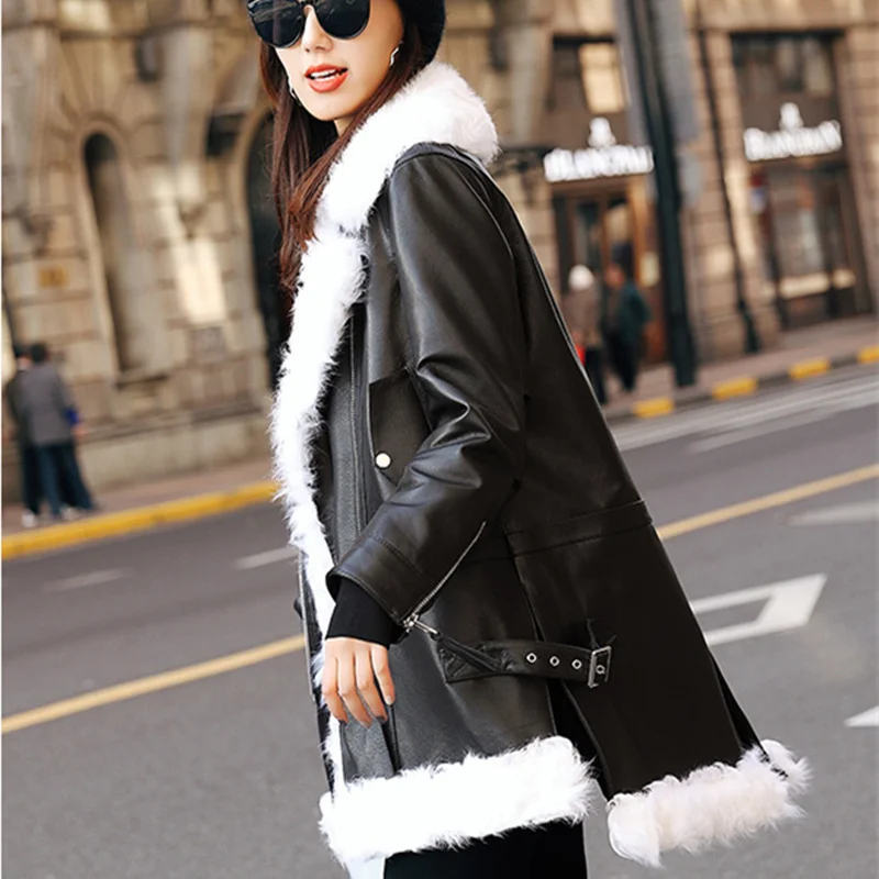 

Fashion New Spring Woman Warm Thicken Zippers Long sleeves V-Neck Pockets Loose Coat Female Lamb Fur Real leather coat CY518