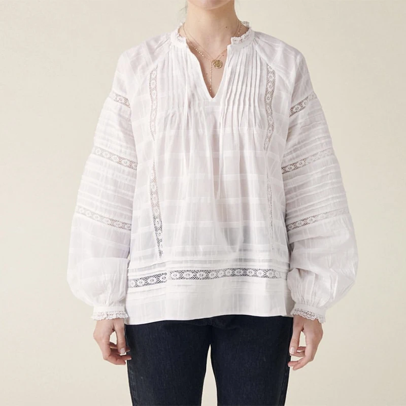 

2023 Early Autumn Hollow Lace Jacquard Lantern Sleeve Pullover Women Tie Blouse