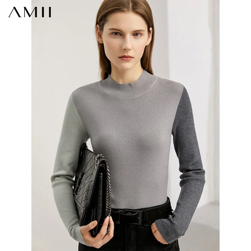 

AMII Minimalism Women Sweater Office Lady Winter Knitted Tops Female Contrast Mock Neck Sweaters For Women Clothes 12140723