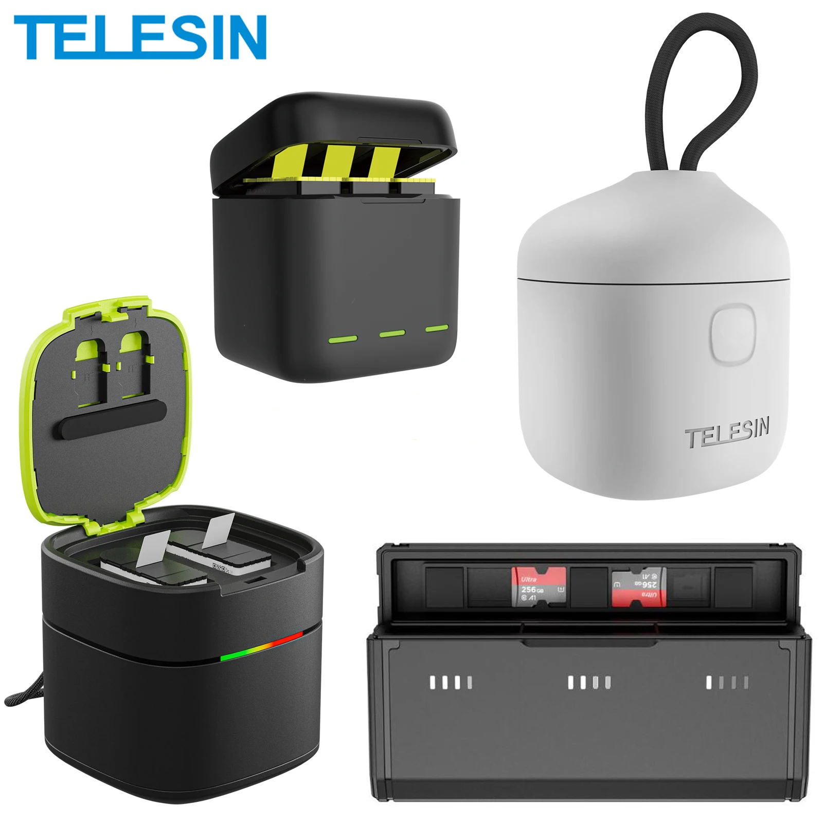 

Зарядное устройство TELESIN, 4 вида, 3 слота, со светодиодной подсветкой, устройство для чтения TF-карт, зарядное устройство для GoPro Hero 12 11 10 9, черный