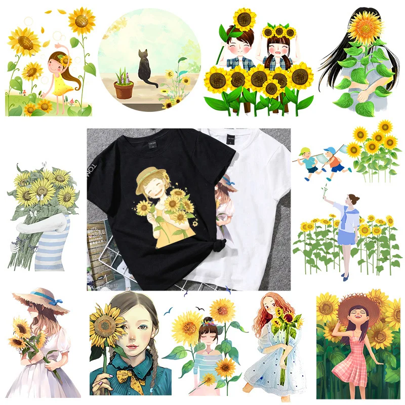 

sunflower girl Heat Transfer Clothes Sticker For Clothing Diy Woman Sunflower Iron On Patches Stripes Printing Decas Badges