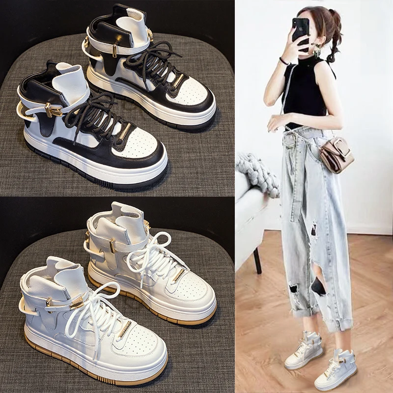 Netflix 2022 Autumn And Winter Leather Women's Shoes Thick Bottom Plus Warm Sports Casual Small White Shoes Korean Version