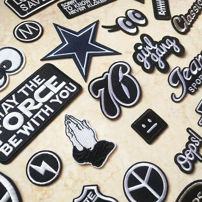 

JMT Faishon Patch Black and White Embroidery Patches for T-shirt Iron on Stripes Appliques Clothes Letters Stickers Clothing Bad