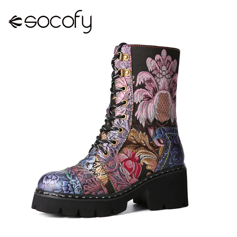 

SOCOFY Vintage Embossed Embroidery Leather Side-zip Comfy Warm Lining Platform Mid Calf Boots Women Retro Ethnic Boots