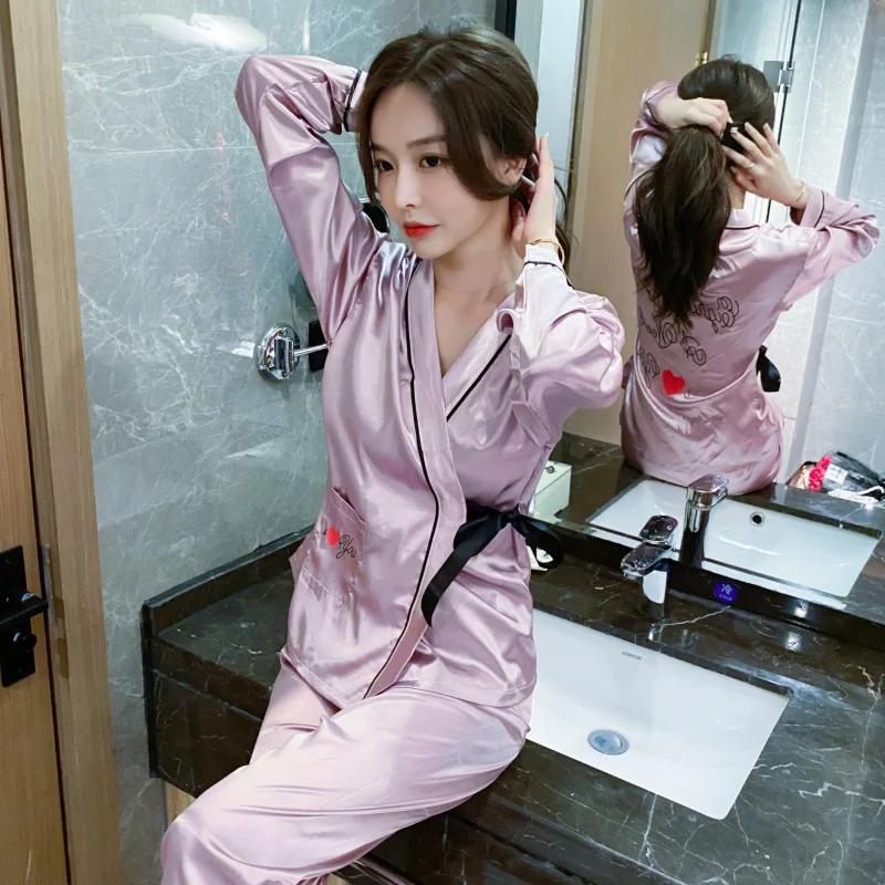 Autumn new women's pajamas two-piece ice silk V-neck 2022 spring thin section casual long-sleeved printed kimono home wear