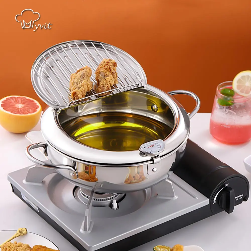 

Kitchen Deep Frying Pot with Thermometer and Lid Stainless Steel Pans Japanese Tempura Fryer Pan Fried Chicken Pot Cooking Tools