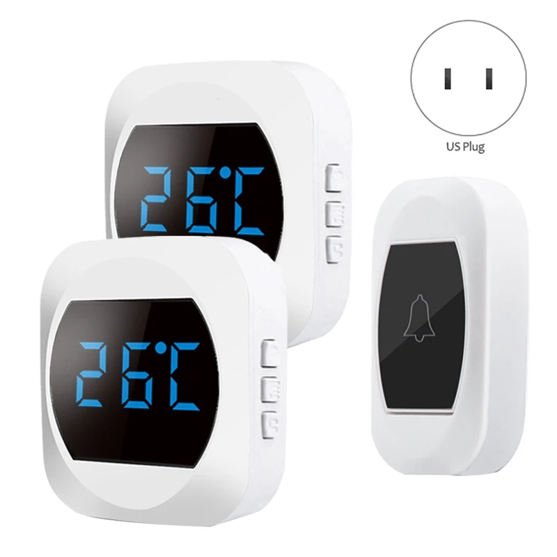 Wireless Doorbell With 2X Plug In Receiver And Button Transmitter + Room Display Thermometer US Plug-FS-PHFU