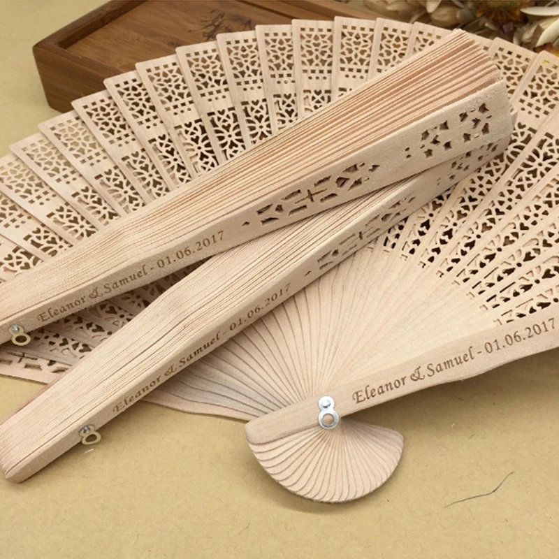 free shipping 50pcs personal 8-inch wooden fan Sunflower openwork folding fan Wedding gifts wooden gift fan custom name and date
