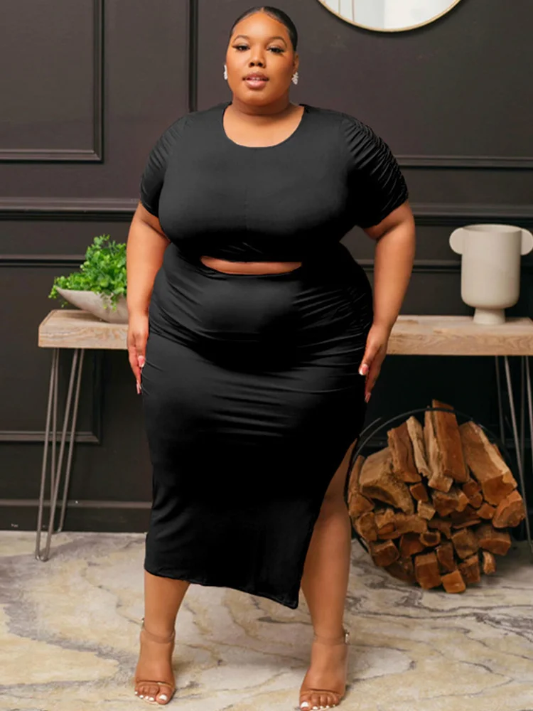 Plus Size Women Clothing Summer Outfit O-neck Top Two Piece Dress Set Ladies Sexy Slit Skirt Set Wholesale Bu 3xl 4xl 5xl 6xl