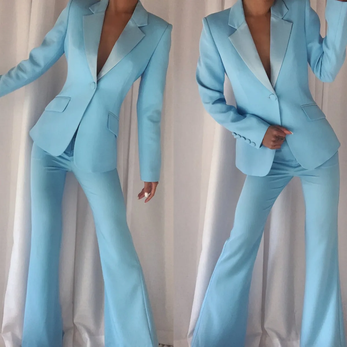 Flare Pants + Suit Jacket 2 Pieces Women Suit Set Formal Tuxedo For Wedding Party Prom Blazer Slim Fit Long Sleeve One Button