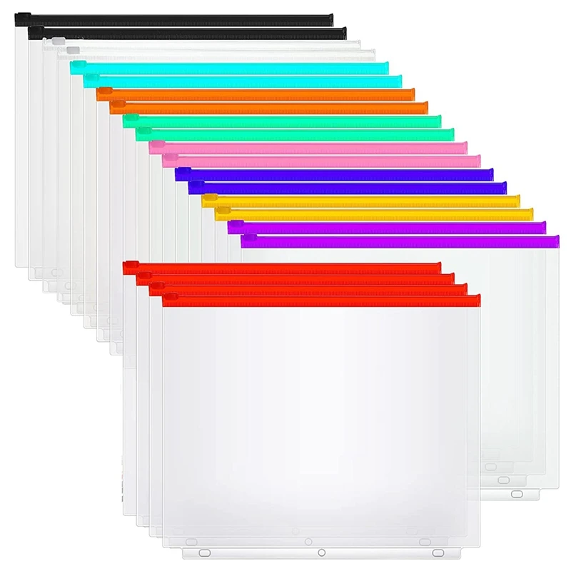 

40Pcs Binder Pockets A4 Size 3 Hole Binder Pockets With Zipper Binder For 3-Ring Binder Loose Leaf Bags Waterproof PVC