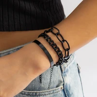 lacteo 3pcsset black punk hip hop bracelets thick chunky metal link chain bangles adjustable for women men jewelry street