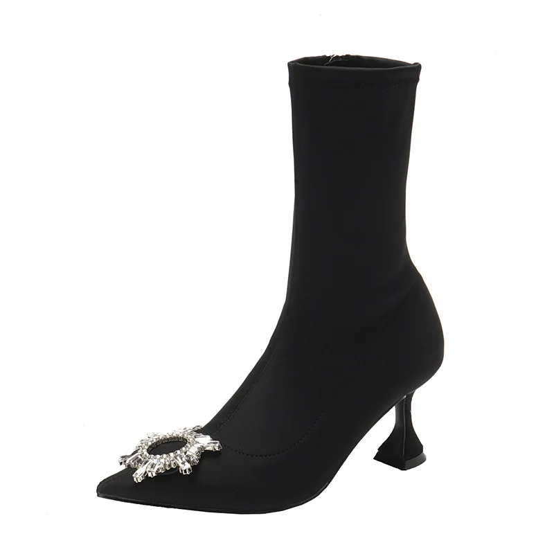 

Women Ankle boots Autumn Spring Black Comfortable Slip On Soild Triangle Heeled Office Lady Shoes High heels Sock Boots