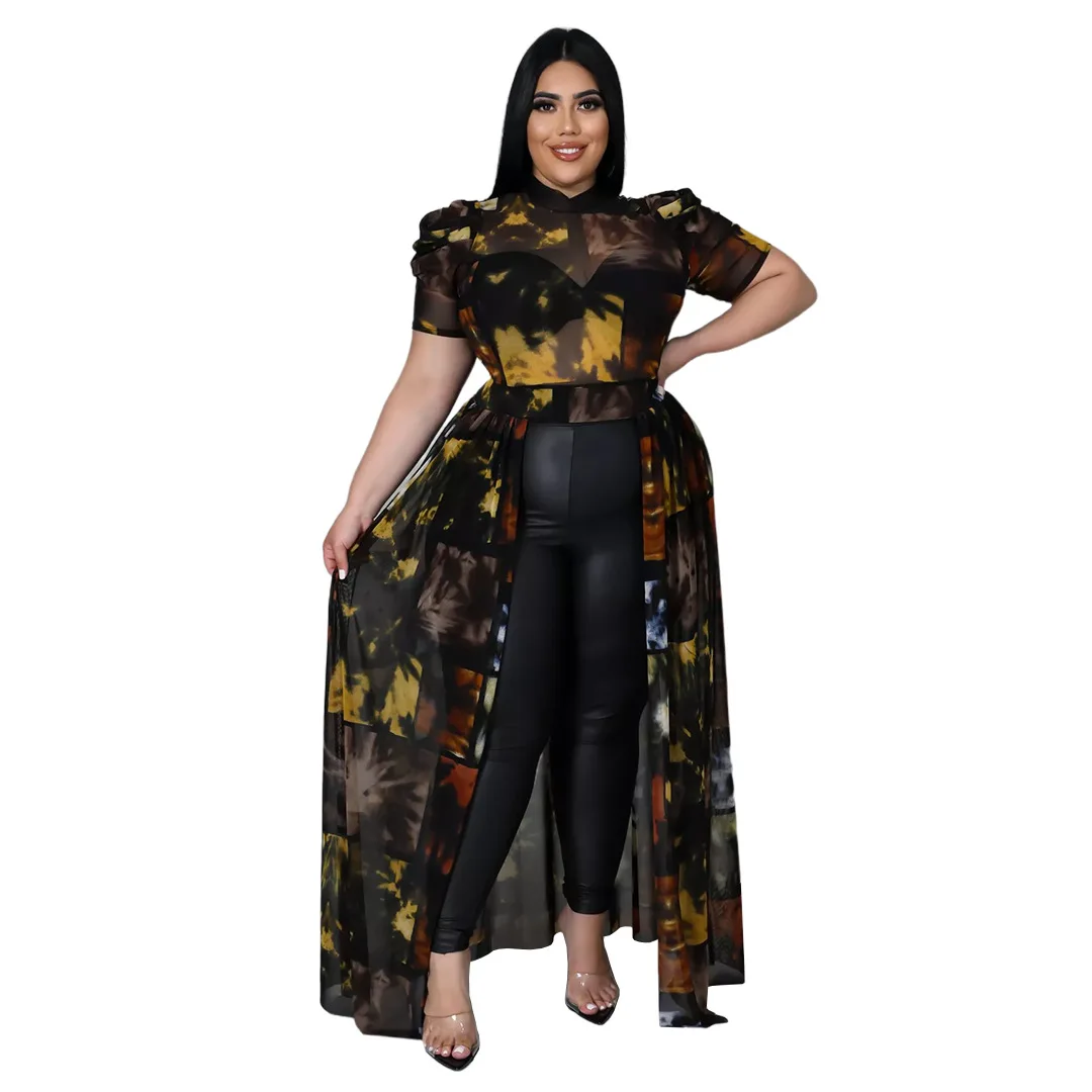 Plus size sheer mesh print long dress top short pleated sleeve fashion matching vestidos night party club female clothings 2022