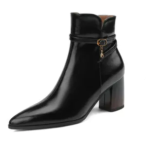 2023 Autumn Winter Women Ankle Boots Genuine Leather Thick High Heels Basic Shoes Office Ladies Casual Dress Pumps