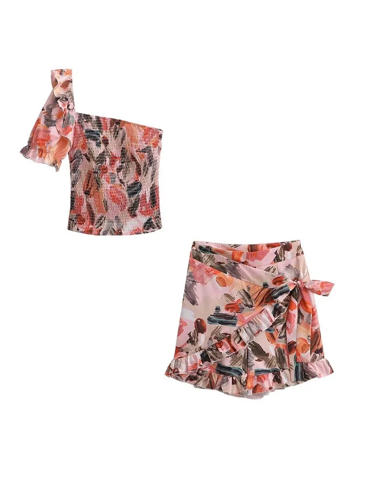 

Huaxiafan Women Fashion With Ruffles Smocked Crop Blouses And Tied Bow High Waist Shorts Skirts Female Two Pieces Sets Mujer