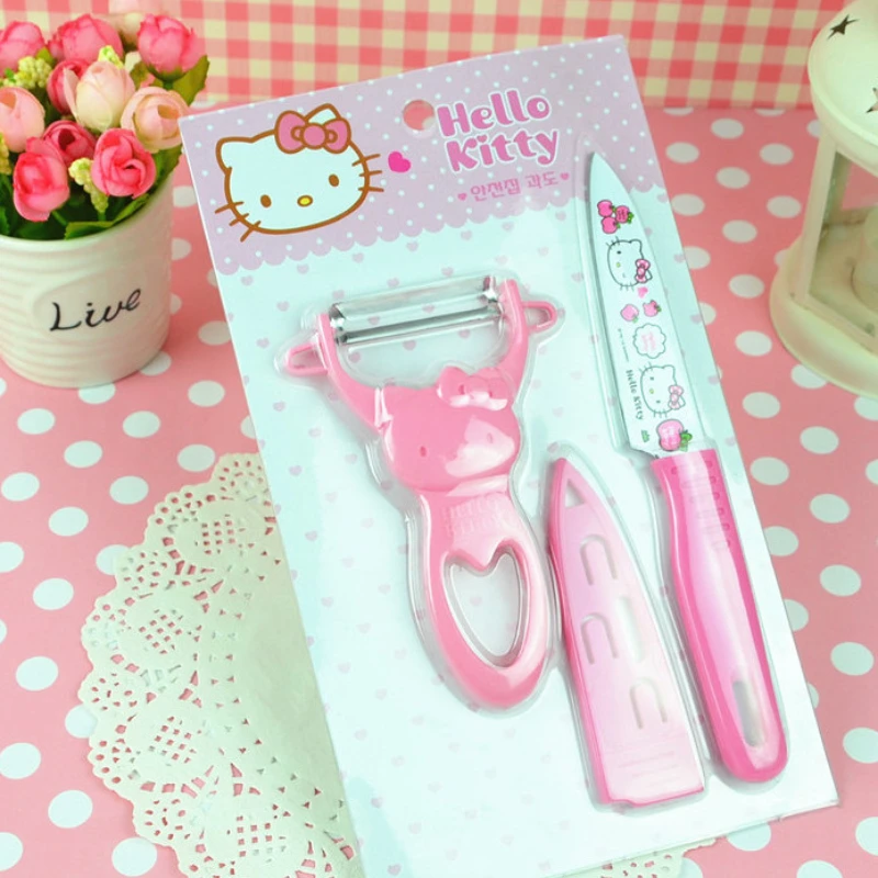 

New Kawaii Sanrioed Hello Kitty Cute Home Kitchen Paring Knife Set Fruit Knife 2 Piece Set Peeler Toys for Girls