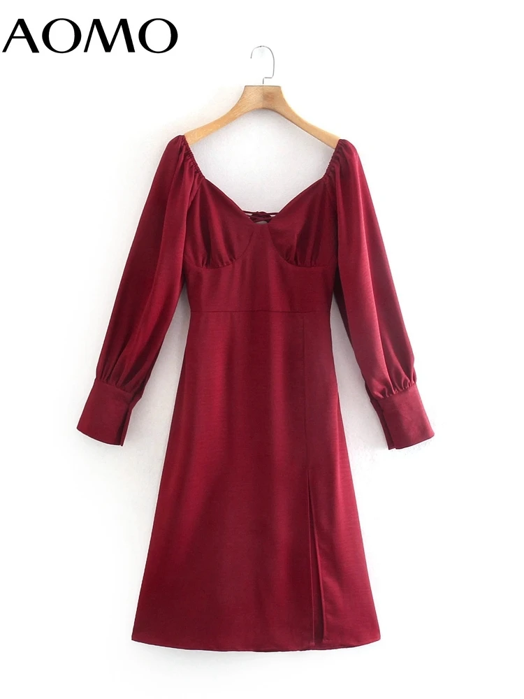 

AOMO 2022 Fashion Women Red Satin Vintage Dress Puff Long Sleeve Square Collar Ladies Vintage Dress 8Y42A