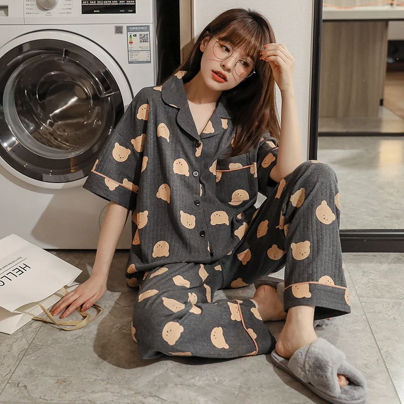 pajamas, women's spring  autumn cardigan, cotton short sleeved trousers, new loose, sweet  lovely  cartoon women's home clothes