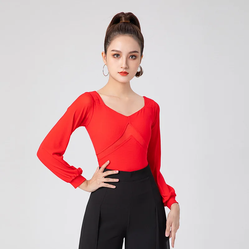 

Latin Dance Clothing Lantern Sleeve Jumpsuit Long Sleeve Adult V-neck Practice Clothes Female National Standard Dance Tops