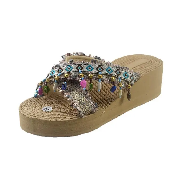 

Thick Sole Ethnic Style Slippers Sandals Out Wear Slippers Women's Summer New Seaside Beach Shoes Fashion Ethnic Style Slippers