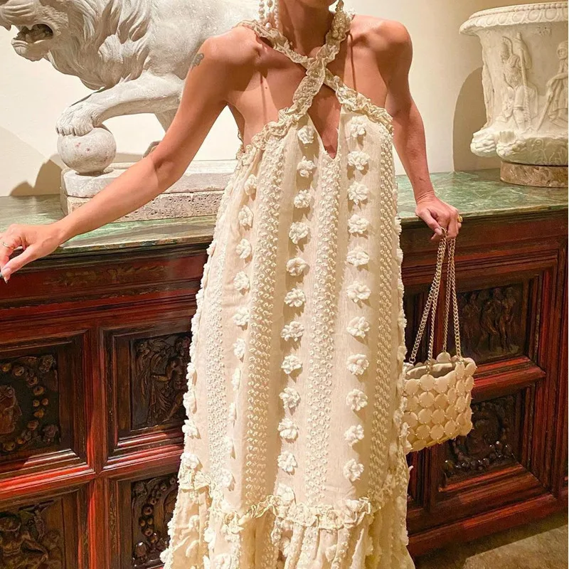 

Fashion Halter Neck Three-dimensional Flower Mopping Cake Dress Women Vestido Feminino Holiday Beach