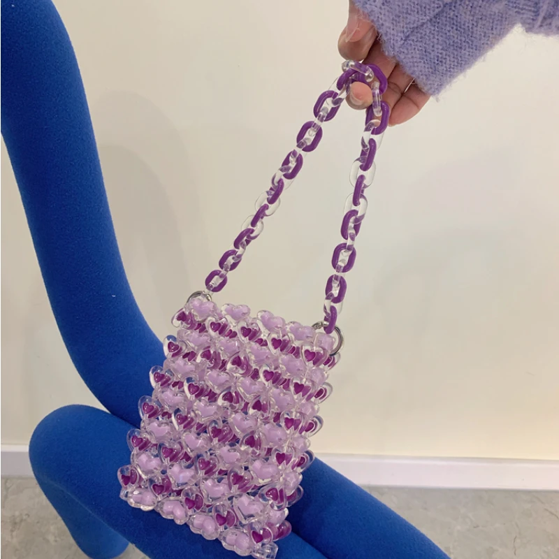 

Purple Love Shape Beaded Bag Cute Unique Design Versatile DIY Handmade Ladies Acrylic Chain Luxury Handbags Women Bags Designer
