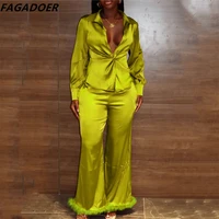 fagadoer fashion solid color matching two piece sets women turndown collar long sleeve knot shirt and straight pants outfit fall