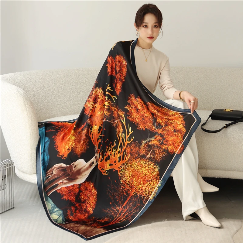 

Women Silk Square Scarf Hijab Female Design Print Lady Shawl Wraps Foulard Headbands Bufanda Large Bandana