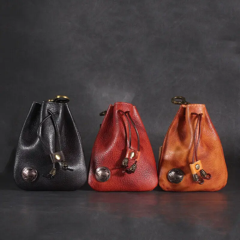 Retro Drawstring Wallet Genuine Leather Coin Purse Money Pocket Pouch Small Bag